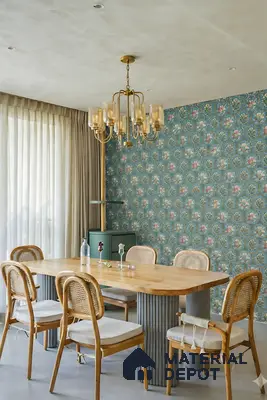 Eclectic dining room with floral patterned wallpaper and natural wood dining set in 4 BHK apartment Cumin Genesis Apartment KR Puram Bengaluru