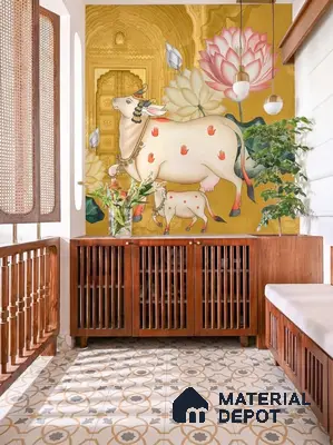 Traditional pooja room with pichwai wallpaper, teak wood cabinet, and patterned floor tiles in 4 BHK apartment Cumin Genesis Apartment KR Puram Bengaluru