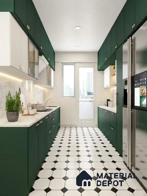 Modern parallel kitchen with deep green and white laminate, marble-look backsplash, and black-and-white geometric floor tiles in 4 BHK apartment Cumin Genesis Apartment KR Puram Bengaluru