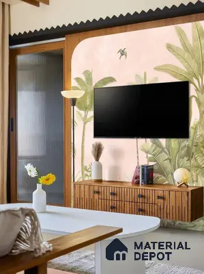 Scandinavian living room with tropical wallpaper, oak wood TV unit, and pastel pink accent wall in 4 BHK apartment Cumin Genesis Apartment KR Puram Bengaluru