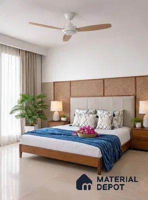 Scandinavian bedroom with natural cane panel headboard, beige floor tiles, and wooden bed frame