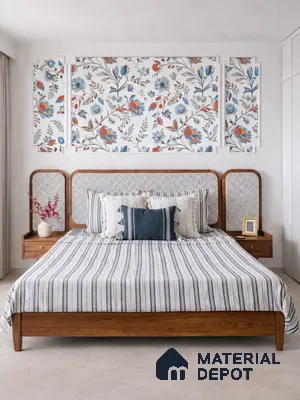 Scandinavian bedroom with floral wallpaper accent, natural wood bed, and beige floor tiles