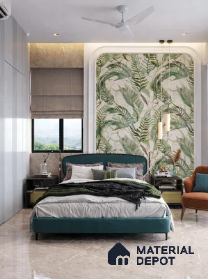 Modern bedroom with tropical wallpaper accent wall and beige marble floor tiles