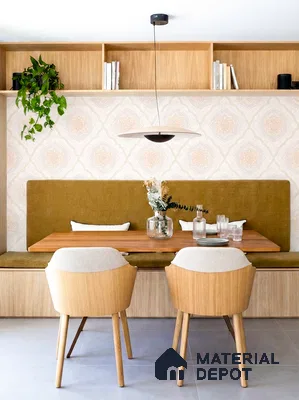Scandinavian dining room with oak wood laminate, patterned wallpaper, and olive green upholstered bench