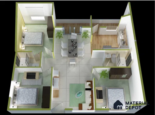 Modern Floor Plan with marble-look floor tiles, light wood flooring, and green accent rug