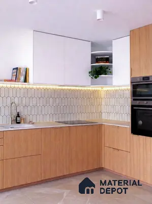 Scandinavian kitchen with white solid laminate, light oak wood laminate, and scallop pattern backsplash tile
