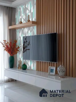 Modern TV unit with geometric wallpaper, vertical wood louvers, and glossy white laminate cabinet