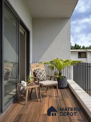 Scandinavian balcony with wood-look floor tiles and textured white wall panel in 3 BHK apartment DS Max Scarlet Ashirvad Colony Bengaluru