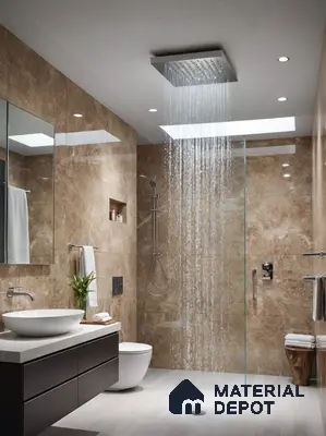 Modern bathroom with beige marble wall tiles and white floor tiles in 3 BHK apartment DS Max Scarlet Ashirvad Colony Bengaluru