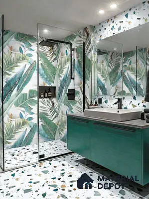 Modern bathroom with tropical leaf highlighter wall tiles, terrazzo floor tiles, and teal laminate vanity in 3 BHK apartment DS Max Scarlet Ashirvad Colony Bengaluru