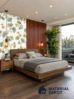 Modern bedroom with floral wallpaper, walnut wood louver panel, and wooden flooring in 3 BHK apartment DS Max Scarlet Ashirvad Colony Bengaluru