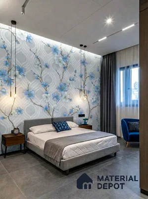 Modern bedroom with blue floral wallpaper, grey upholstered bed, and large format grey floor tiles in 3 BHK apartment DS Max Scarlet Ashirvad Colony Bengaluru