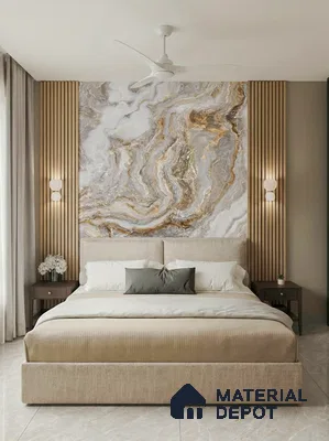Modern bedroom with marble-look accent wall, beige upholstered bed, and light wood fluted panels in 3 BHK apartment DS Max Scarlet Ashirvad Colony Bengaluru