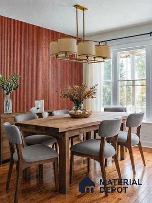 Scandinavian dining room with natural wood dining table, terracotta fluted wall panels, and wooden flooring in 3 BHK apartment DS Max Scarlet Ashirvad Colony Bengaluru