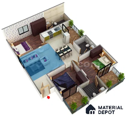 Modern living room with L-shaped sectional, wooden flooring, and accent wall in open plan layout in 3 BHK apartment DS Max Scarlet Ashirvad Colony Bengaluru