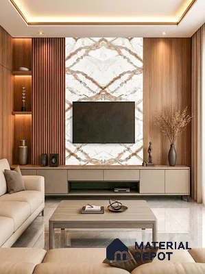 Modern living room with bookmatch marble laminate TV wall and walnut wood louvers in 3 BHK apartment DS Max Scarlet Ashirvad Colony Bengaluru
