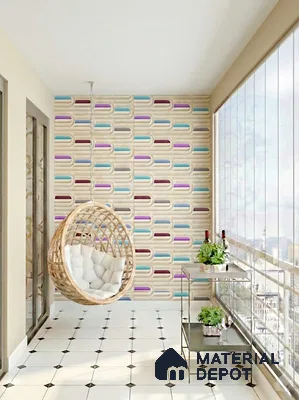 Modern balcony with geometric patterned wallpaper and white grid floor tiles