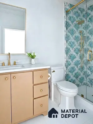 Modern bathroom with beige laminate vanity, white quartz countertop, and blue tropical patterned shower wall tiles