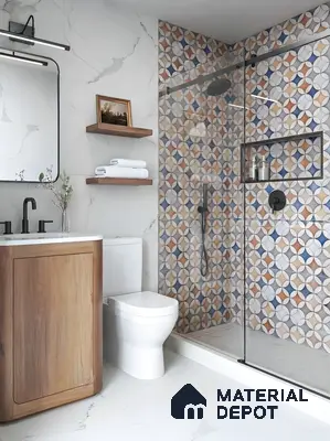 Modern bathroom with geometric patterned highlighter wall tiles, marble-look floor tiles, and wood vanity