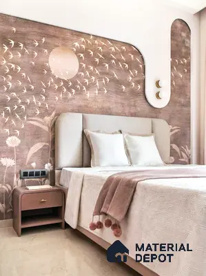 Modern bedroom with blush pink floral wallpaper and beige upholstered bed