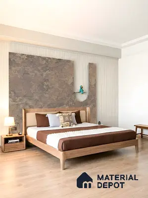 Scandinavian bedroom with natural wood bed, textured stone accent wall, and light oak wooden flooring