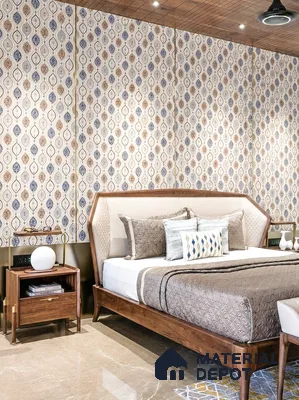 Mid-century modern bedroom with patterned wallpaper, walnut wood bed, and beige marble flooring
