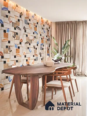 Mid-century modern dining room with leaf-patterned geometric wall tiles and walnut wood dining table