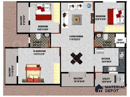 Modern 3BHK apartment floor plan with tiled bathrooms, balconies, and open living-dining layout