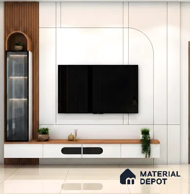 Modern TV unit with white marble laminate, walnut brown wood louver, and floating cabinet