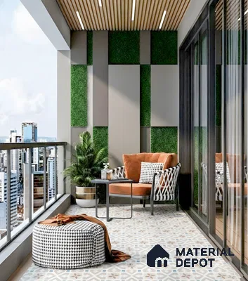 Modern balcony with patterned floor tiles, artificial grass wall panels, and wooden ceiling louvers of 3 BHK apartment in DSR Waterscape K Channasandra in Bengaluru