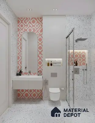 Modern bathroom with terrazzo tiles and pink geometric patterned highlighter wall tiles of 3 BHK apartment in DSR Waterscape K Channasandra in Bengaluru