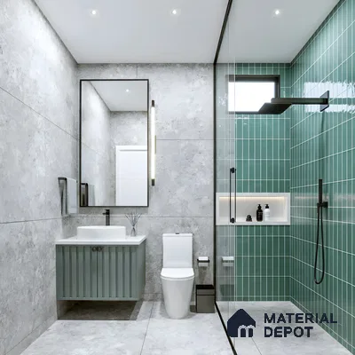 Modern bathroom with sage green kitkat subway wall tiles and grey stone look floor and wall tiles of 3 BHK apartment in DSR Waterscape K Channasandra in Bengaluru