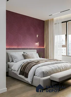 Modern bedroom with geometric mauve wallpaper and light oak wooden flooring of 3 BHK apartment in DSR Waterscape K Channasandra in Bengaluru