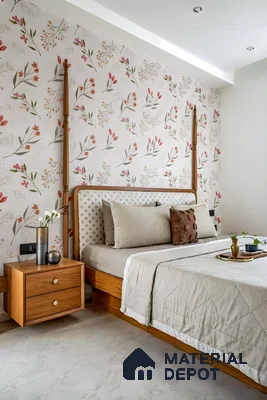 Scandinavian bedroom with floral wallpaper, natural wood bed and side table, and beige marble floor tile of 3 BHK apartment in DSR Waterscape K Channasandra in Bengaluru