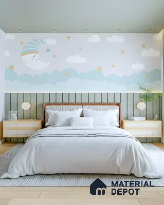 Scandinavian kids bedroom with moon and stars wallpaper, pastel green wall panels, and light wood flooring of 3 BHK apartment in DSR Waterscape K Channasandra in Bengaluru