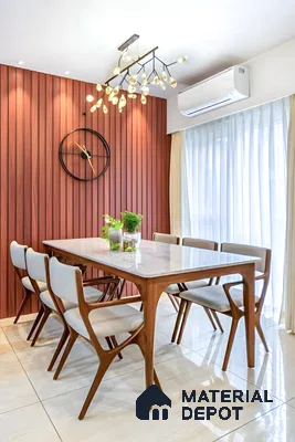 Mid-century modern dining room with walnut fluted wall panels and marble top dining table of 3 BHK apartment in DSR Waterscape K Channasandra in Bengaluru