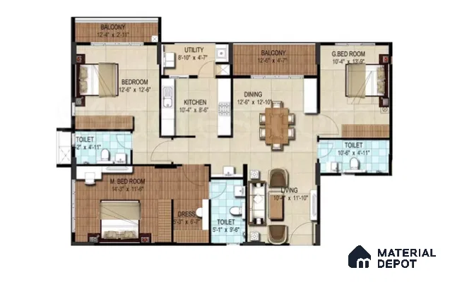 Modern 3BHK apartment floor plan with tiled flooring and wood-look accents of 3 BHK apartment in DSR Waterscape K Channasandra in Bengaluru