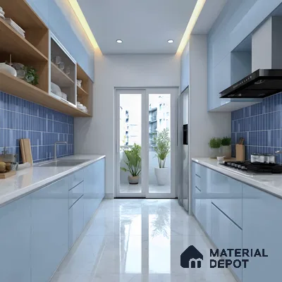 Modern kitchen with pastel blue laminate cabinets, white quartz countertop, and blue vertical subway backsplash tiles of 3 BHK apartment in DSR Waterscape K Channasandra in Bengaluru