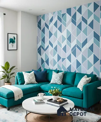 Modern living room with geometric blue wallpaper and teal upholstered sofa of 3 BHK apartment in DSR Waterscape K Channasandra in Bengaluru