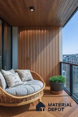 Scandinavian balcony with wood-look herringbone floor tile and vertical wood louver wall panel of 3 BHK apartment in DSR White Waters Gunjur Bengaluru