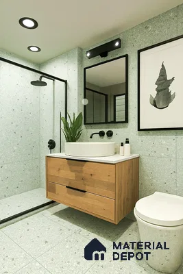 Modern bathroom with green terrazzo wall and floor tiles and wooden floating vanity of 3 BHK apartment in DSR White Waters Gunjur Bengaluru