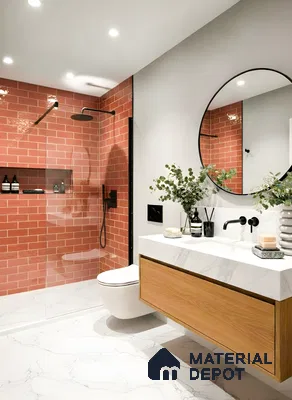 Modern bathroom with terracotta subway wall tiles, marble-look floor tiles, and wood vanity of 3 BHK apartment in DSR White Waters Gunjur Bengaluru