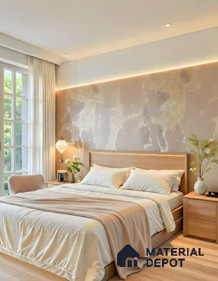 Scandinavian bedroom with beige abstract wallpaper, natural wood bed, and light oak wooden flooring of 3 BHK apartment in DSR White Waters Gunjur Bengaluru