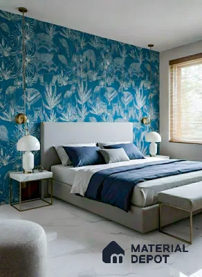 Modern bedroom with blue tropical wallpaper and white marble floor tile of 3 BHK apartment in DSR White Waters Gunjur Bengaluru