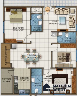 Modern 3BHK apartment floor plan with tiled flooring and wood accents of 3 BHK apartment in DSR White Waters Gunjur Bengaluru