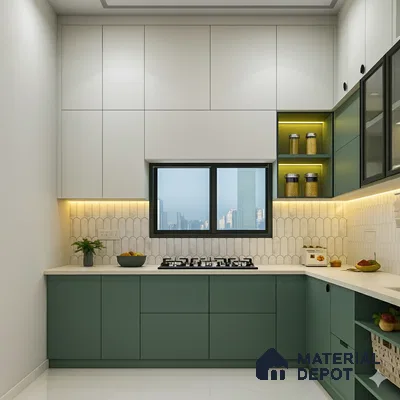 Modern dual tone kitchen with sage green and frosty white laminate, white quartz countertop, and scallop subway backsplash tile of 3 BHK apartment in DSR White Waters Gunjur Bengaluru