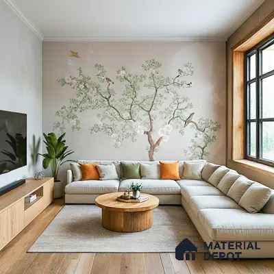 Japandi living room with chinoiserie wallpaper, oak wood flooring, and beige sectional sofa of 3 BHK apartment in DSR White Waters Gunjur Bengaluru