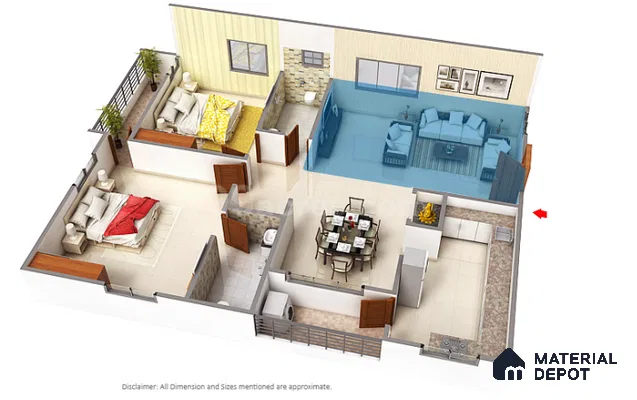 Modern dining room with cream floor tiles, open plan layout, and adjacent kitchen with patterned countertop