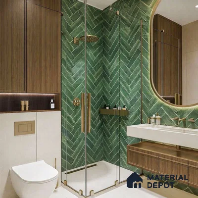 Modern bathroom with green herringbone subway wall tiles and walnut wood laminate vanity