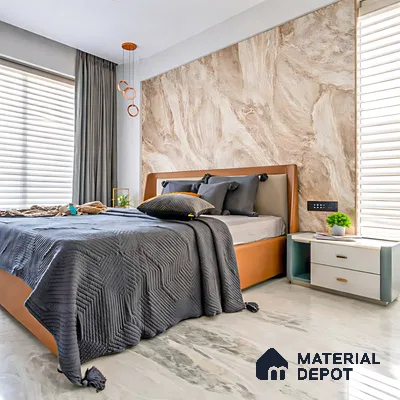 Modern bedroom with beige marble accent wall and marble floor tiles